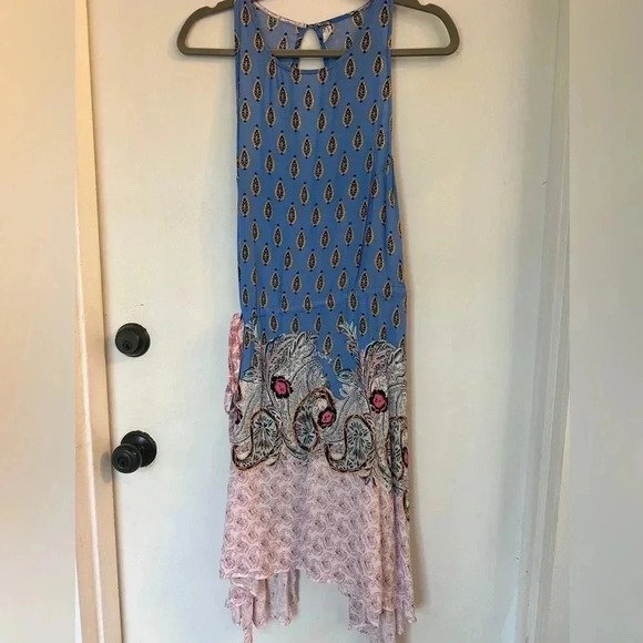 FREE PEOPLE RENDEZVOUS CREW NECK DRAWSTRING TANK DRESS BLUE COMBO large - Picture 2 of 6